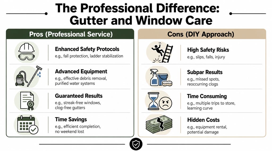 A comparison chart showing the benefits of professional gutter and window care versus the risks of DIY.
