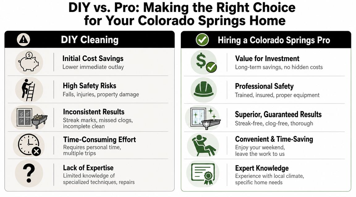 A comparison chart outlining the pros and cons of DIY home maintenance versus hiring professional cleaning services.