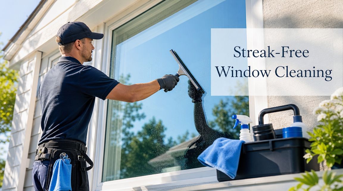 A professional window cleaner wearing a uniform cleaning a residential window with a squeegee outdoors.