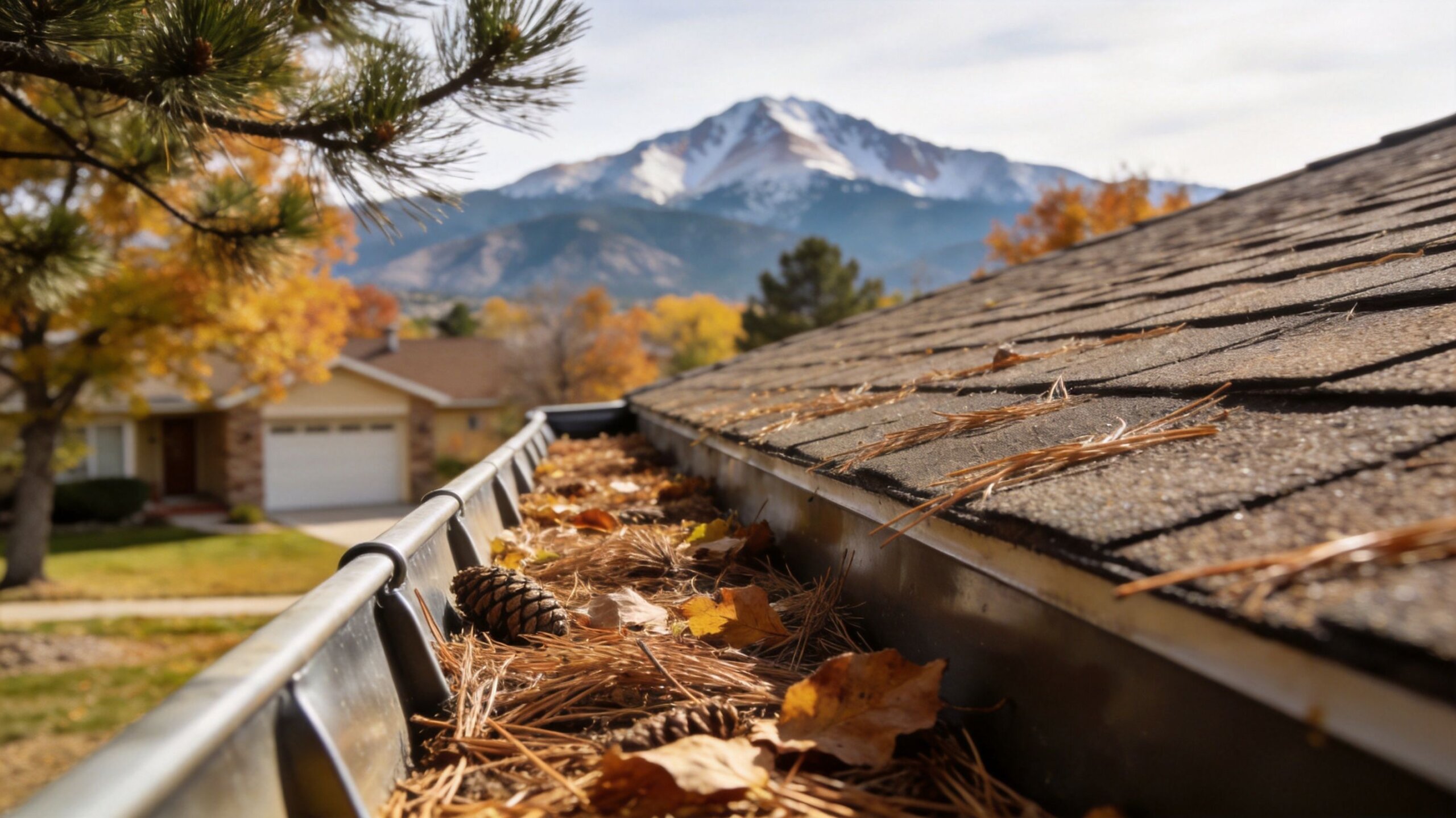 A close-up view of a clogged roof gutter filled with dry pine needles and autumn leaves.