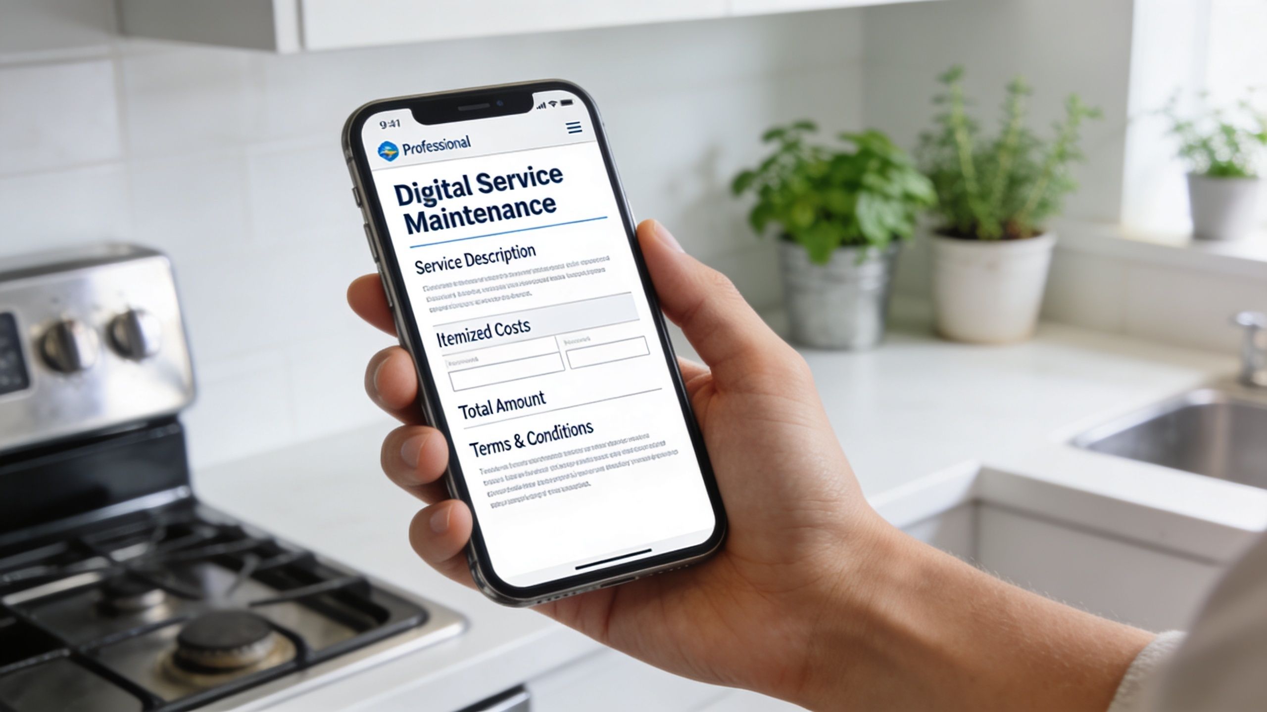A hand holding a smartphone displaying a digital service maintenance form on its screen.