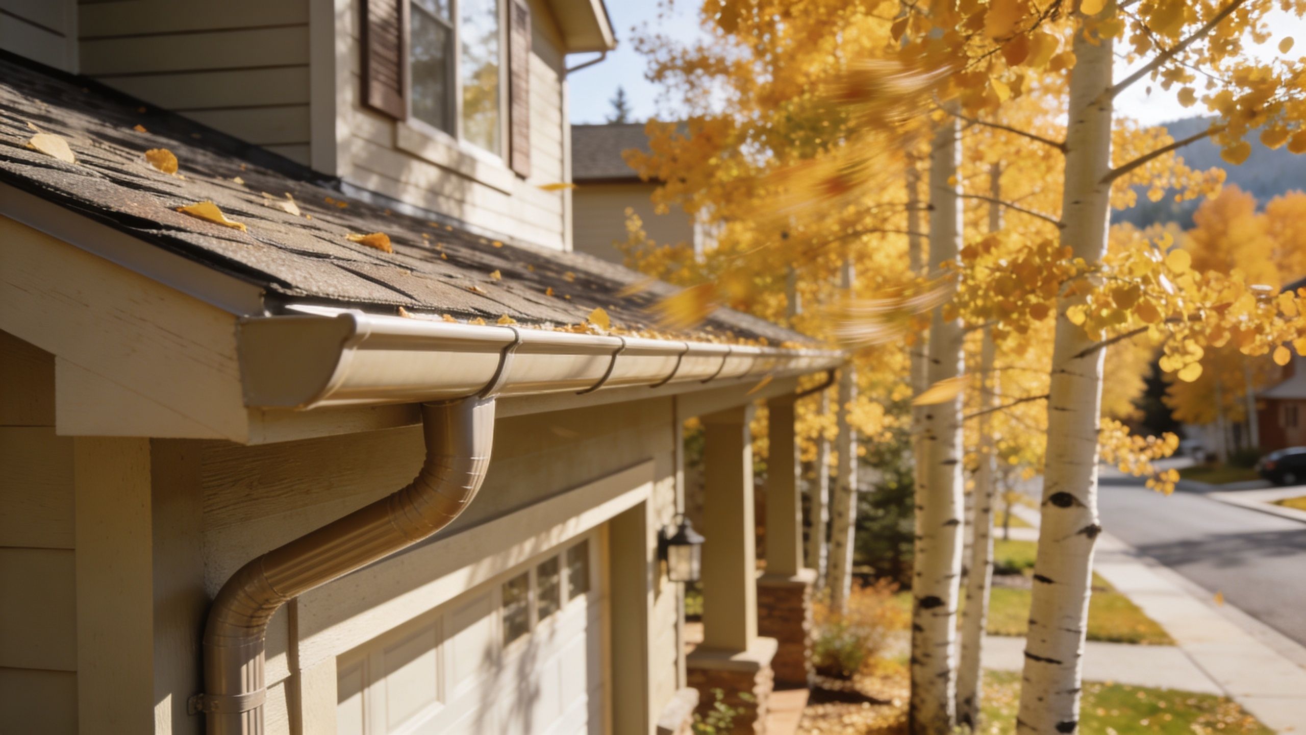 A house roof gutter filled with fallen yellow autumn leaves near trees during a sunny day.