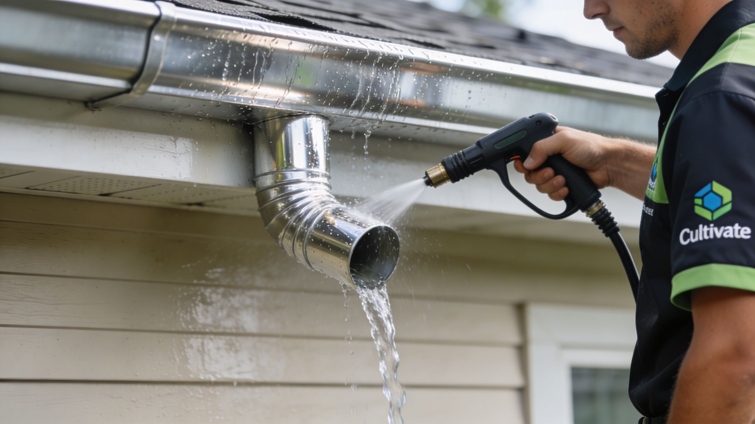 A professional worker uses a pressure washer to clean debris from a metal rain gutter system.