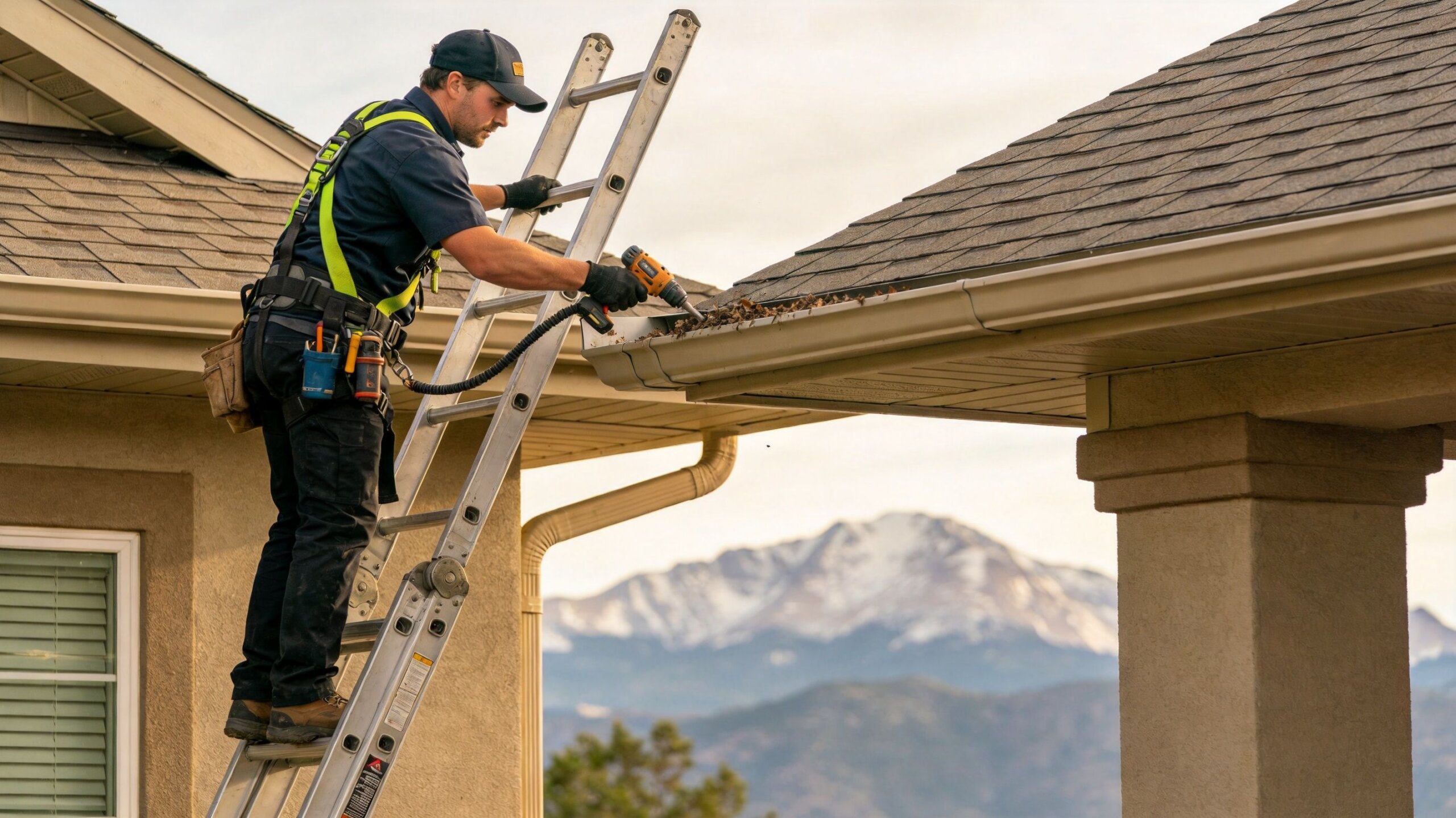 A professional maintenance worker uses a power tool to clean leaves from a house roof gutter.