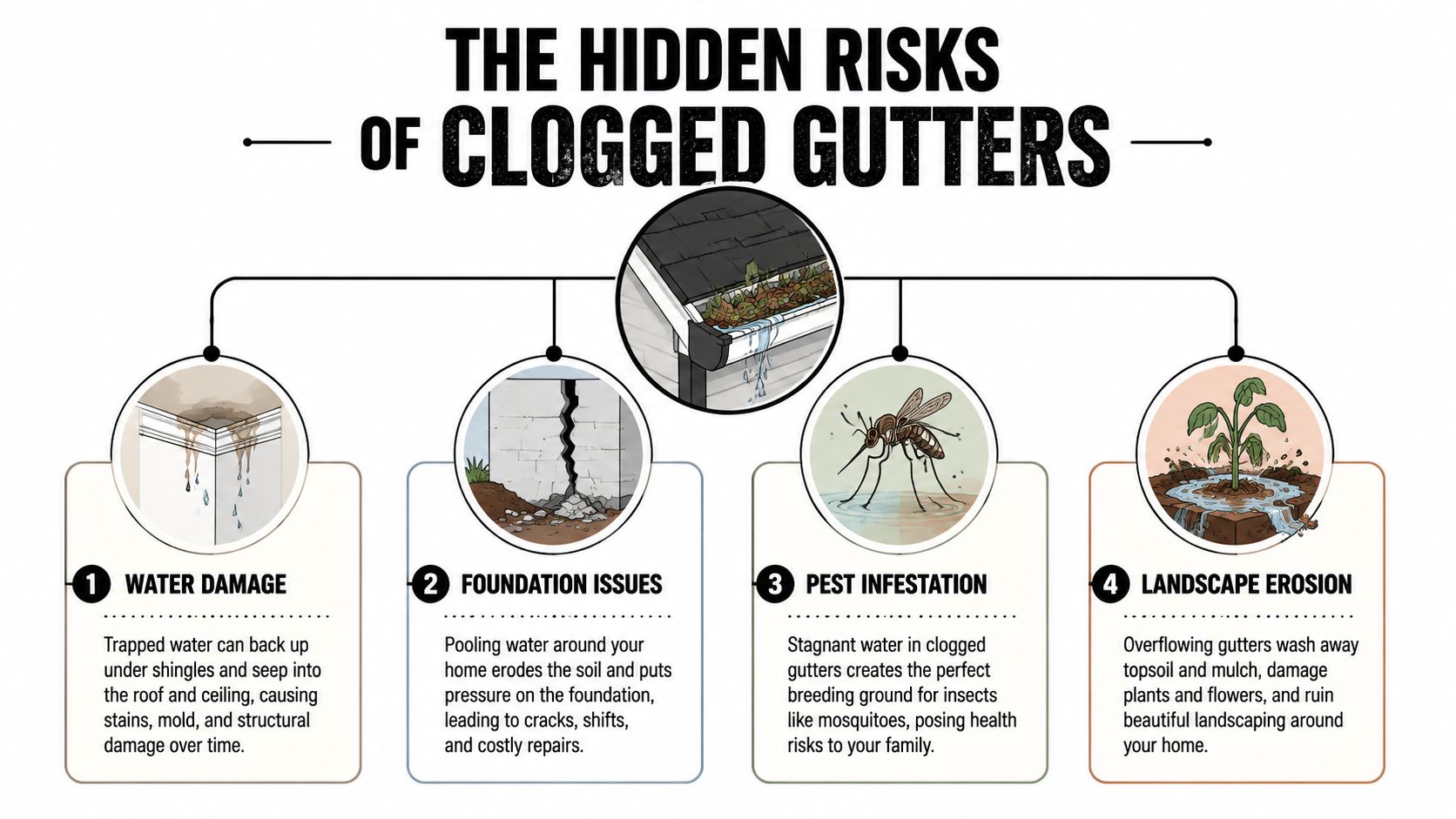 An infographic showing four major risks of clogged house gutters including water damage, foundation issues, pests, and erosion.