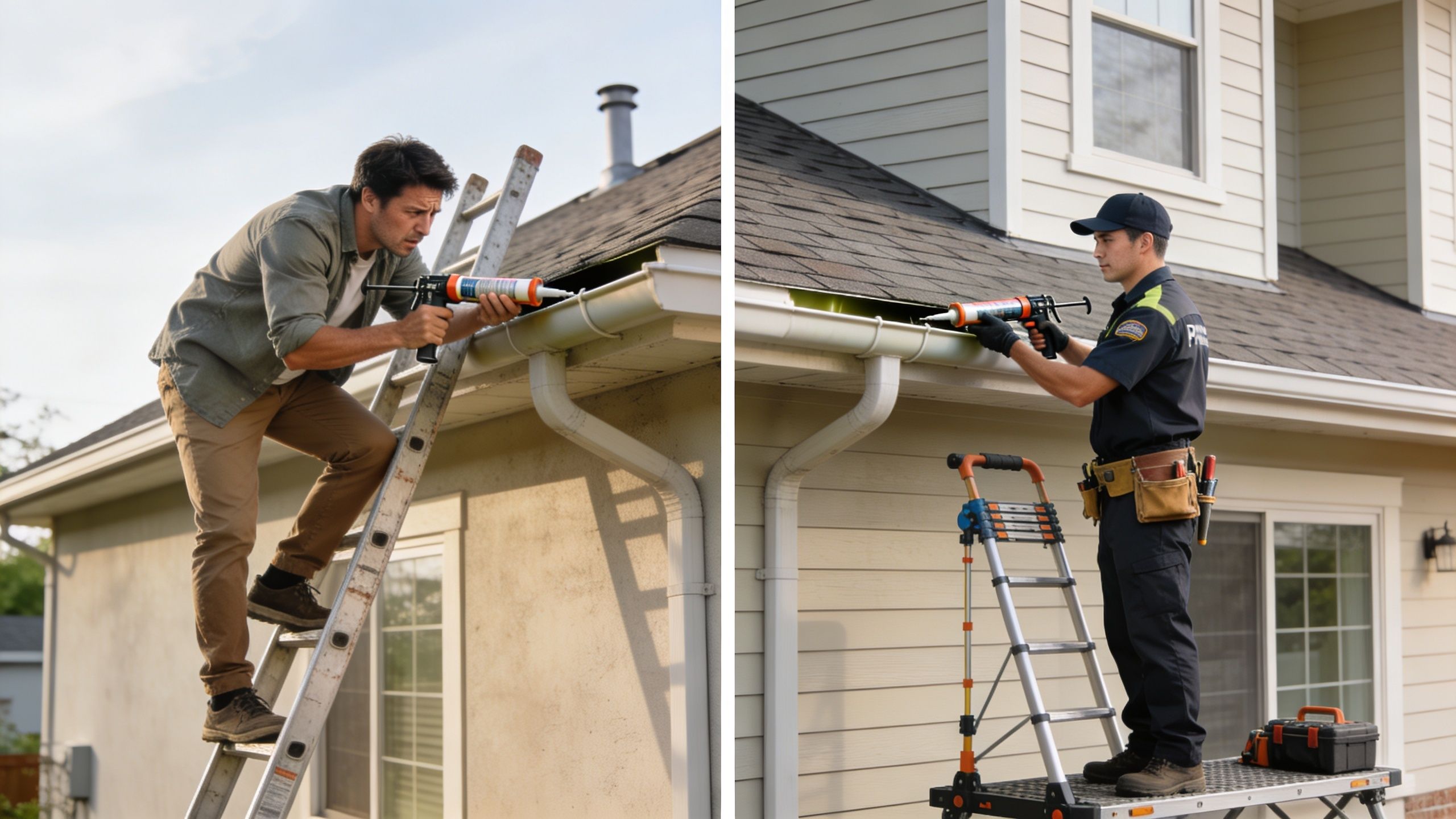 Two professionals performing gutter repairs on residential houses using caulking guns and ladders to seal leaks.