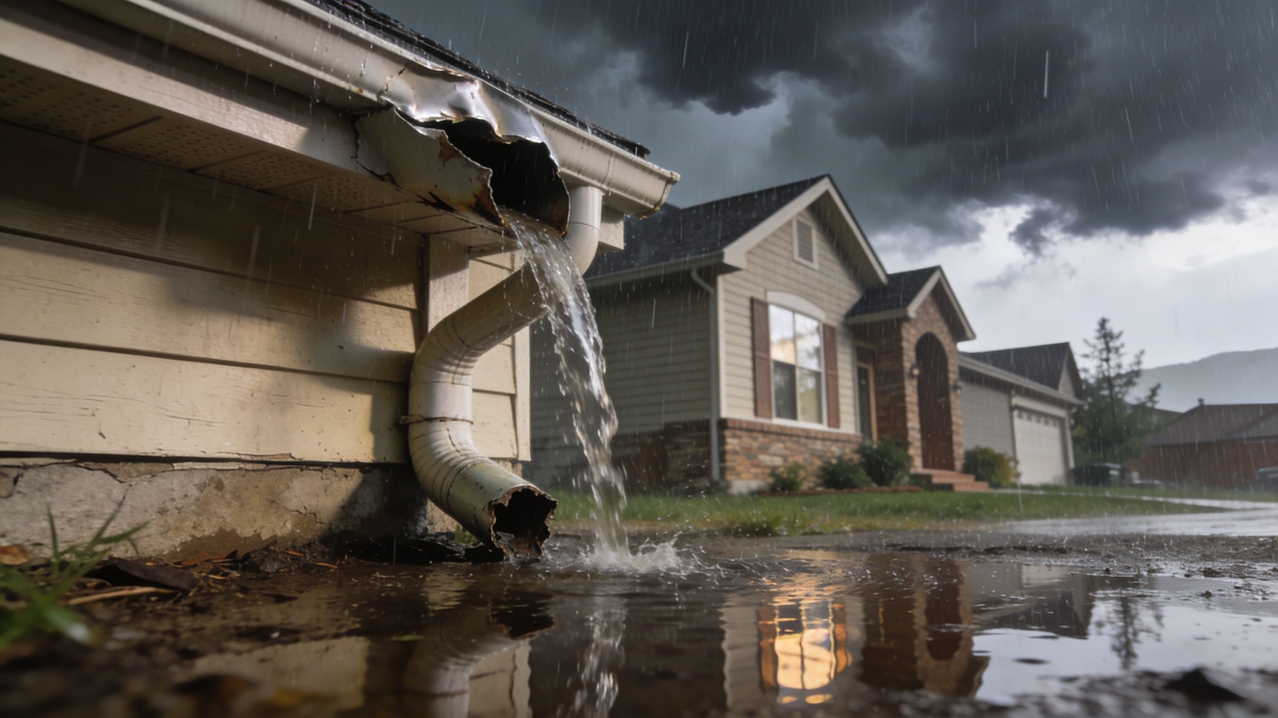 Rainwater overflowing from a damaged house gutter system during a heavy storm in a suburban neighborhood.