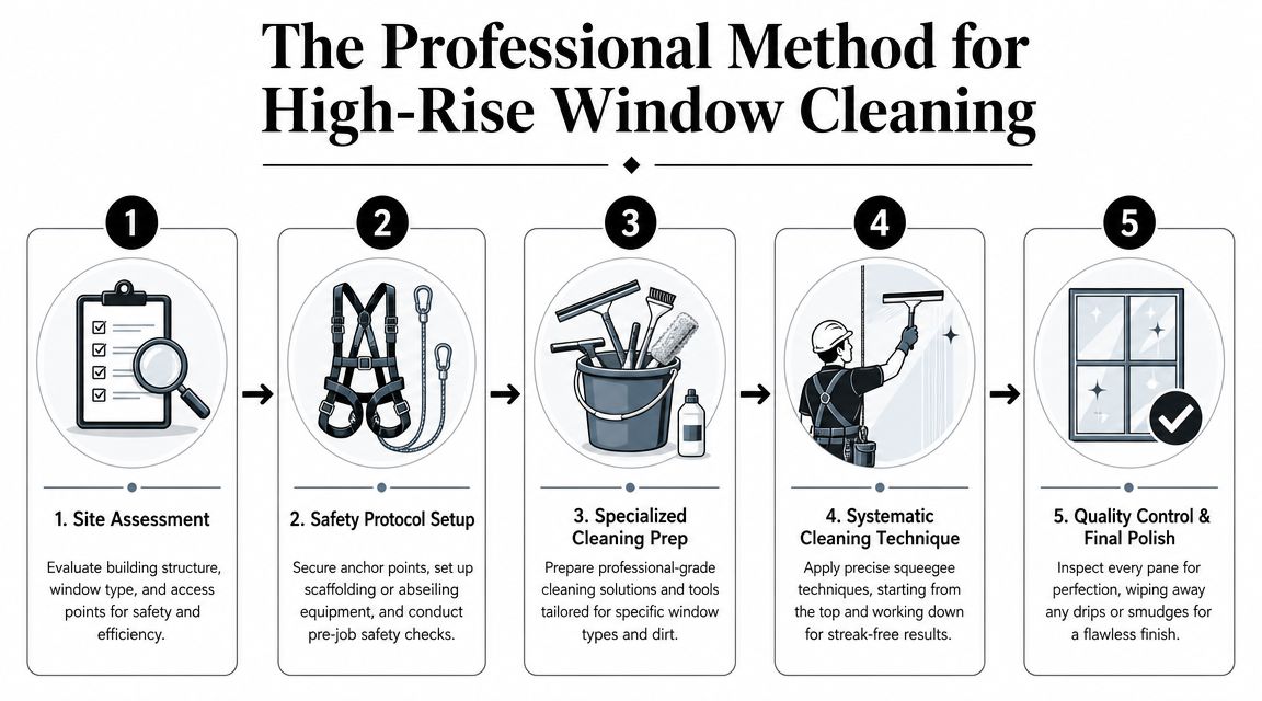 A step-by-step infographic illustrating the five professional stages for safely cleaning high-rise building windows.