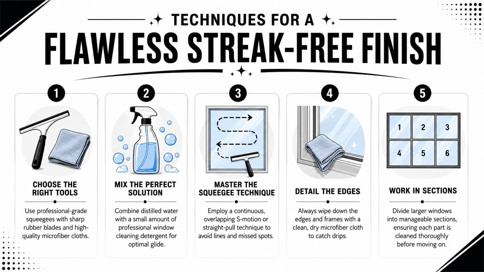 A step-by-step infographic illustrating five essential techniques for achieving a streak-free clean on glass windows.