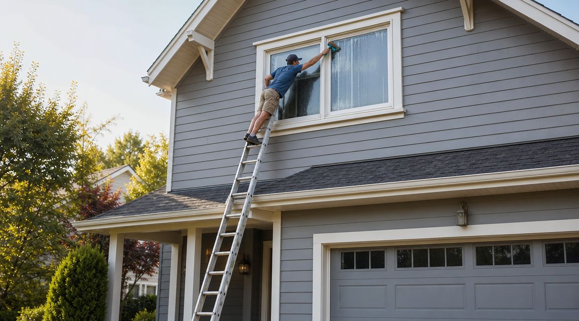A professional window cleaner using a squeegee to clean high windows while standing on a tall ladder.