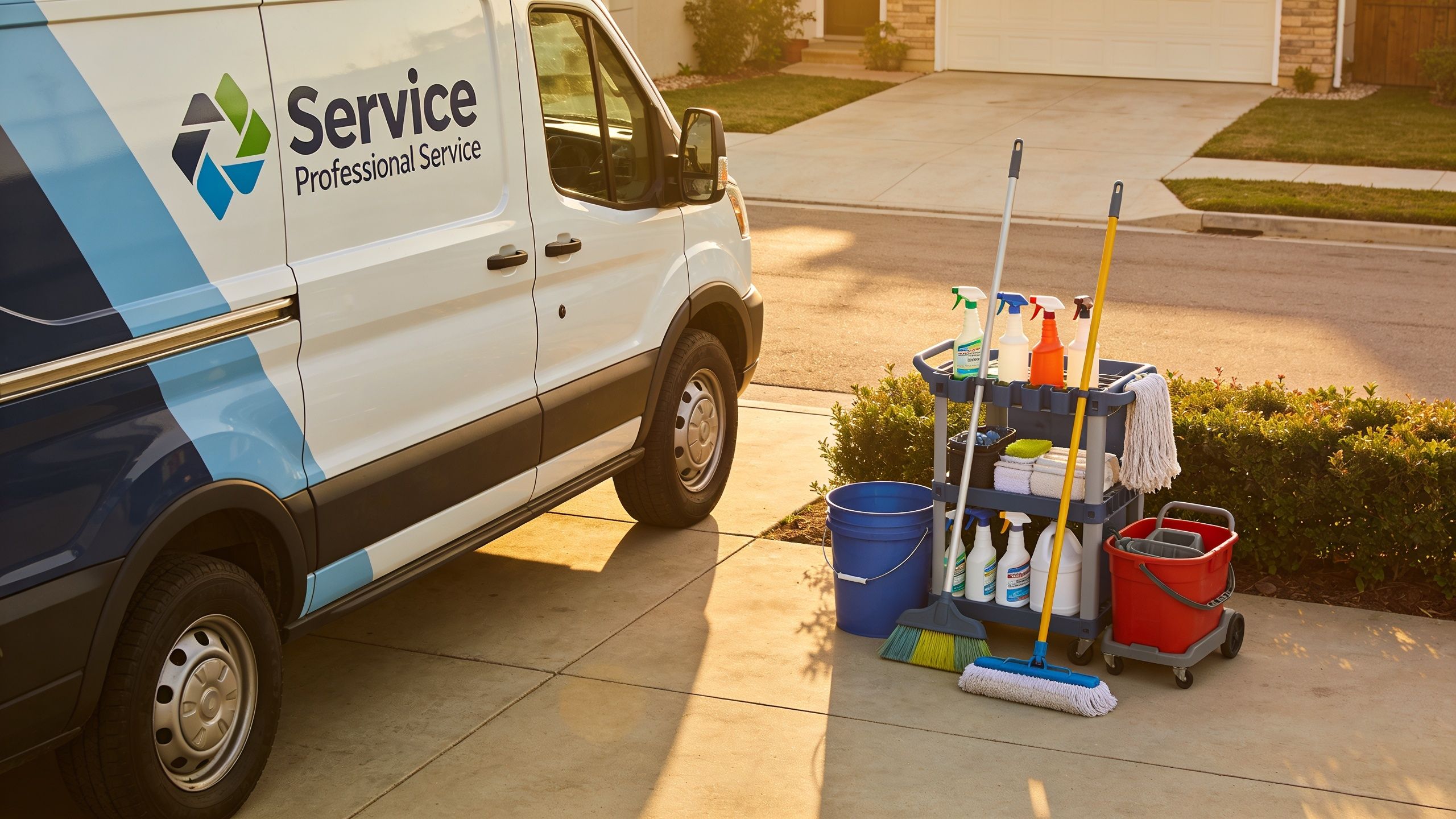 A professional cleaning service van parked on a driveway with a cart full of cleaning supplies.