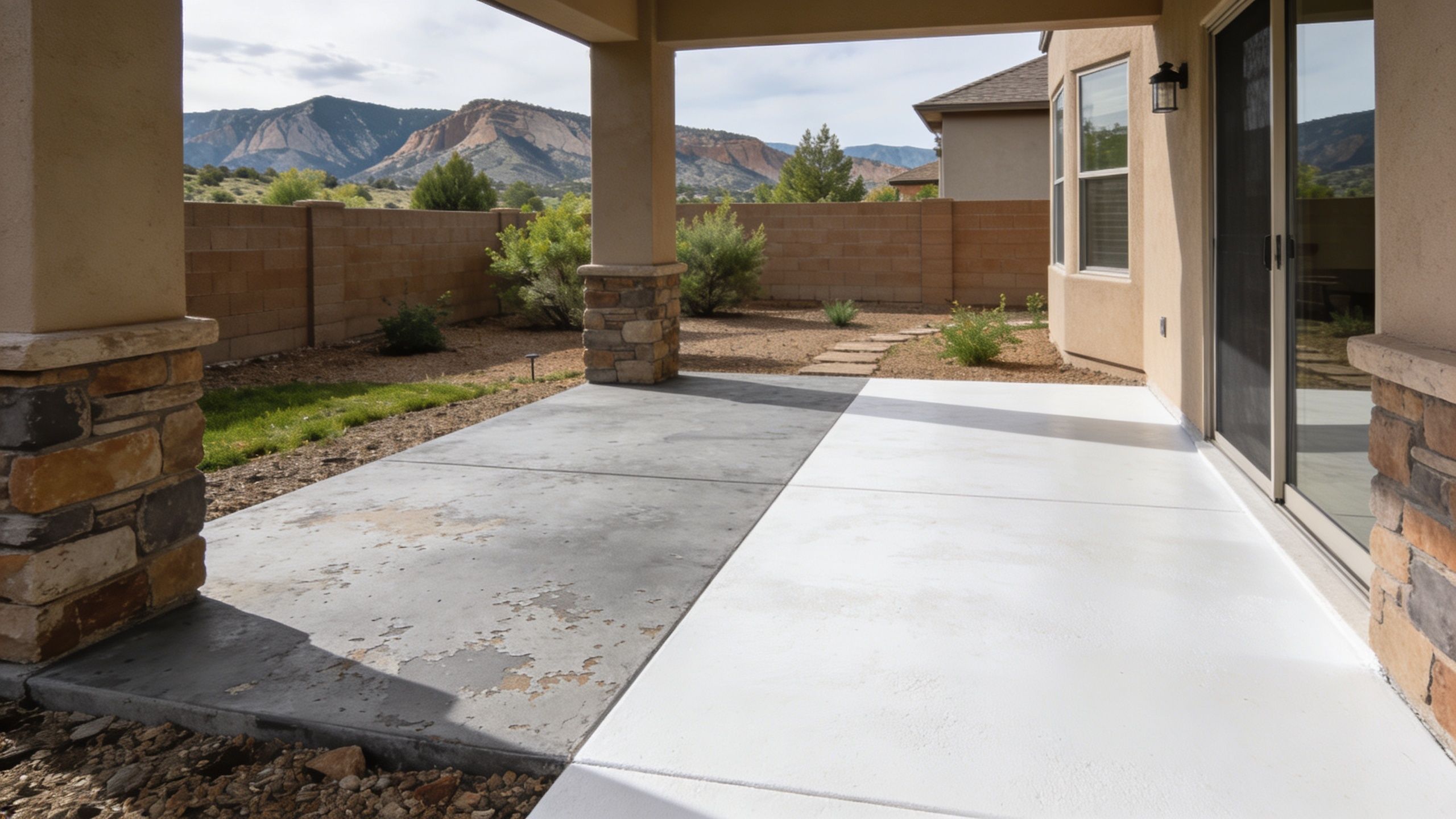 A backyard patio showing a clear comparison between old worn concrete and freshly resurfaced white concrete.