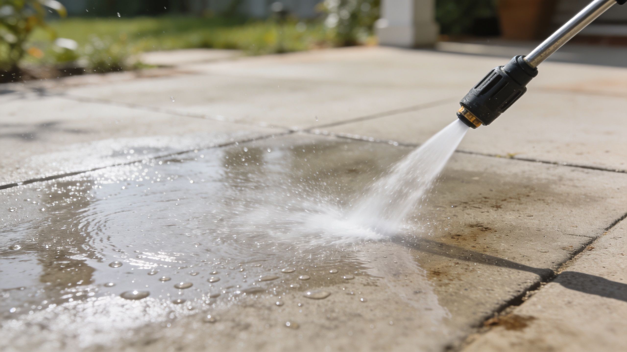A close up view of a pressure washer nozzle spraying water onto a concrete patio surface outdoors.