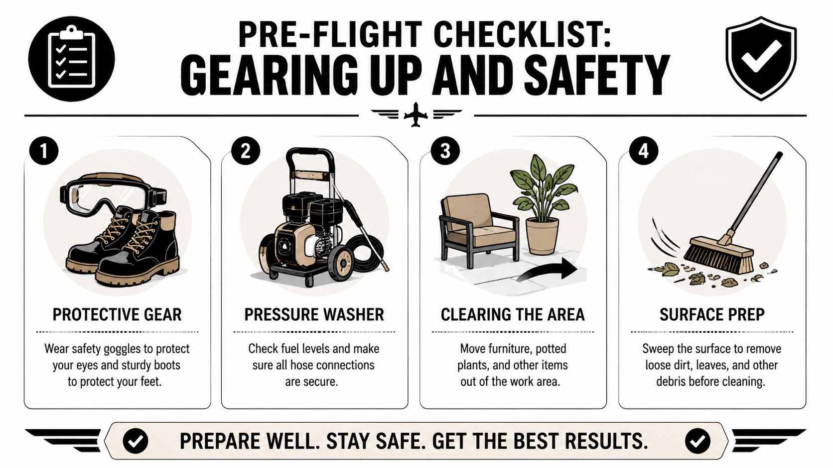 A safety infographic showing a four-step pre-flight checklist for using a pressure washer on a patio.