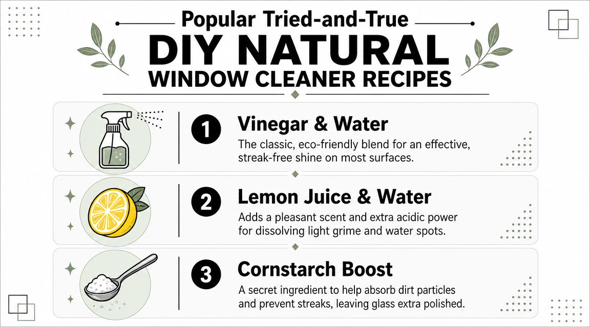 A list of three DIY natural window cleaner recipes, including vinegar, lemon juice, and a cornstarch boost.