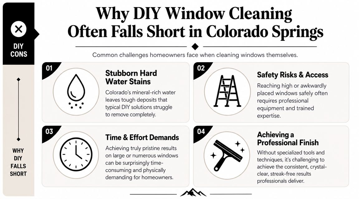 An infographic detailing four main reasons why DIY window cleaning is difficult for Colorado Springs homeowners.