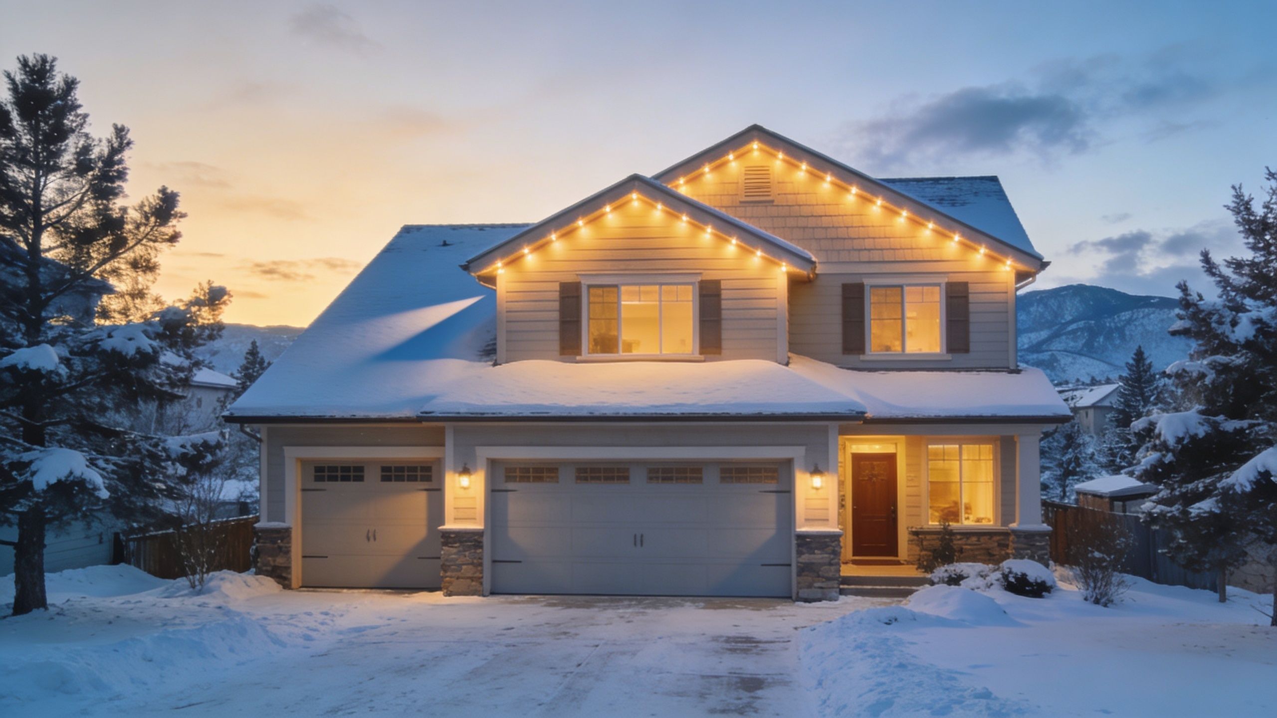 A cozy two-story house decorated with glowing string lights during a snowy winter sunset in the mountains.