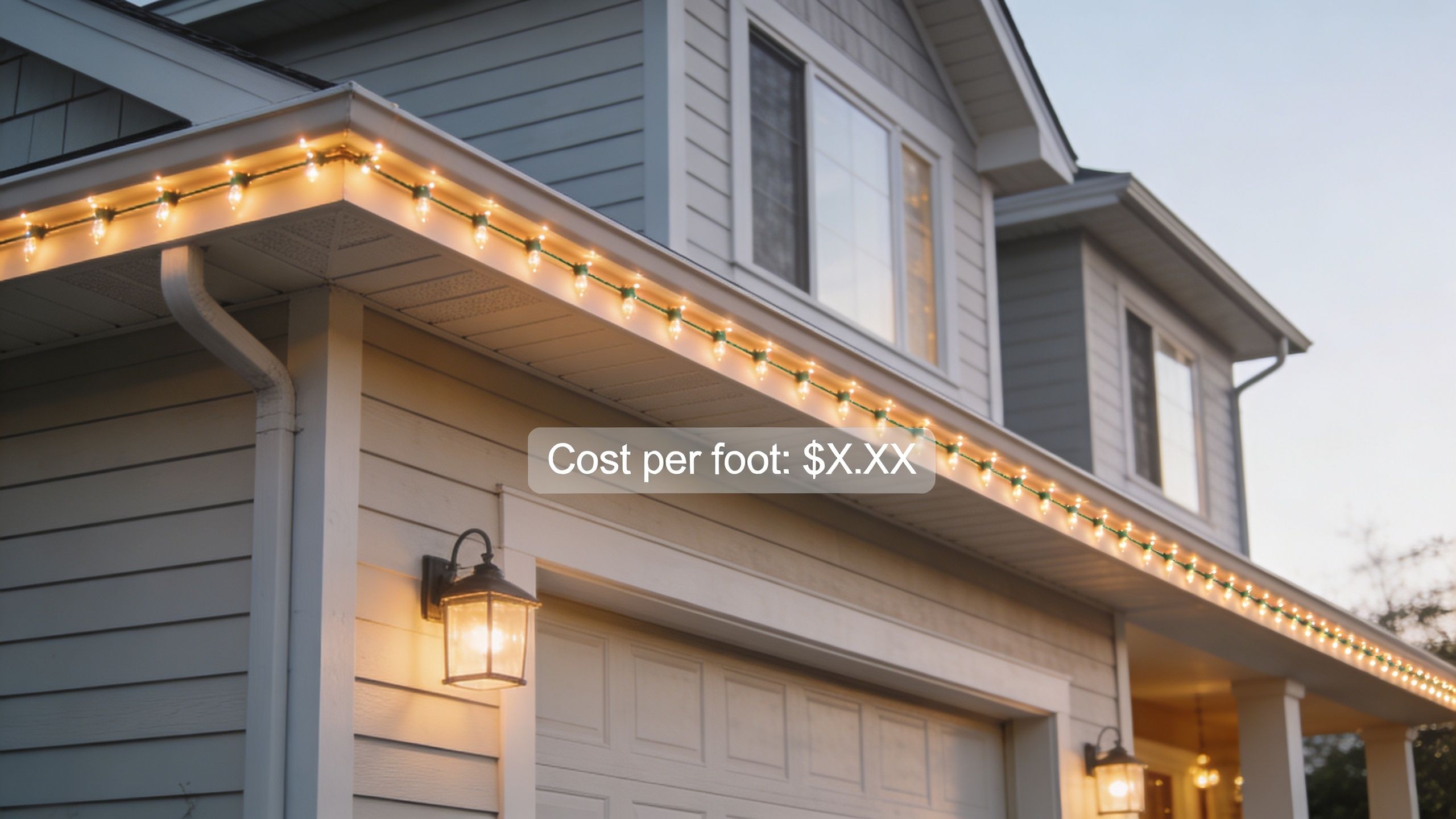 A house exterior decorated with string lights along the roofline, illustrating residential permanent Christmas lighting installation costs.
