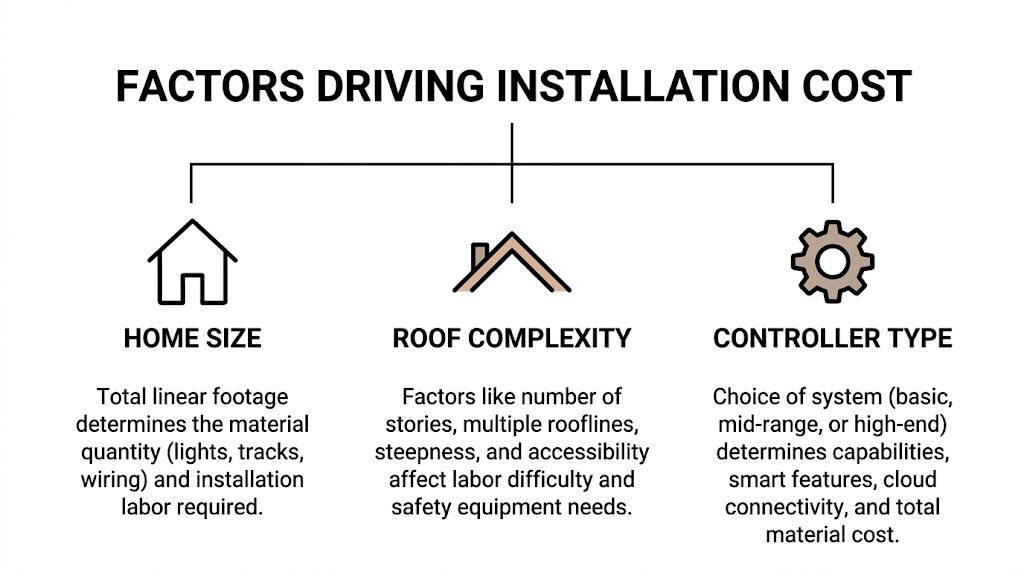 An infographic detailing the three main factors driving the installation cost of permanent Christmas lighting systems.