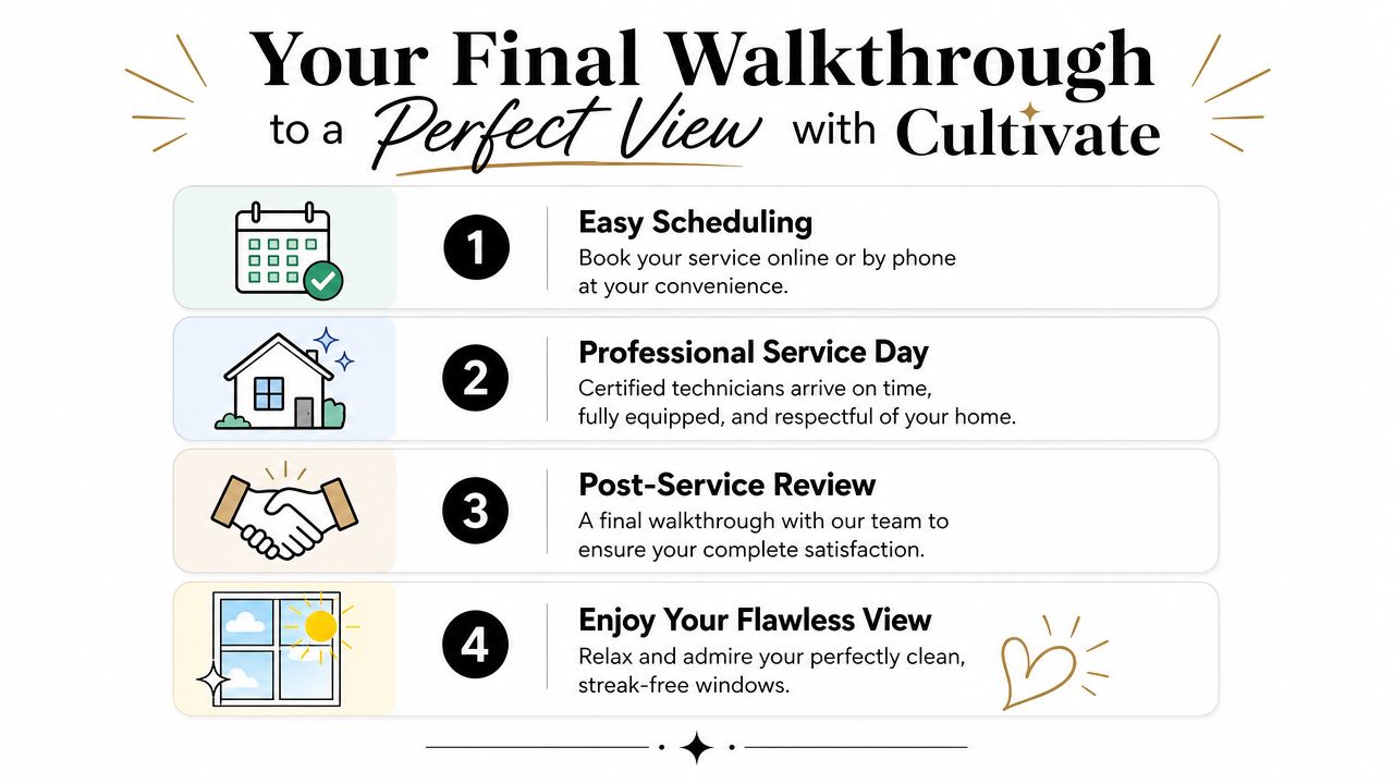 A four-step infographic illustrating the professional window cleaning process offered by the company Cultivate.