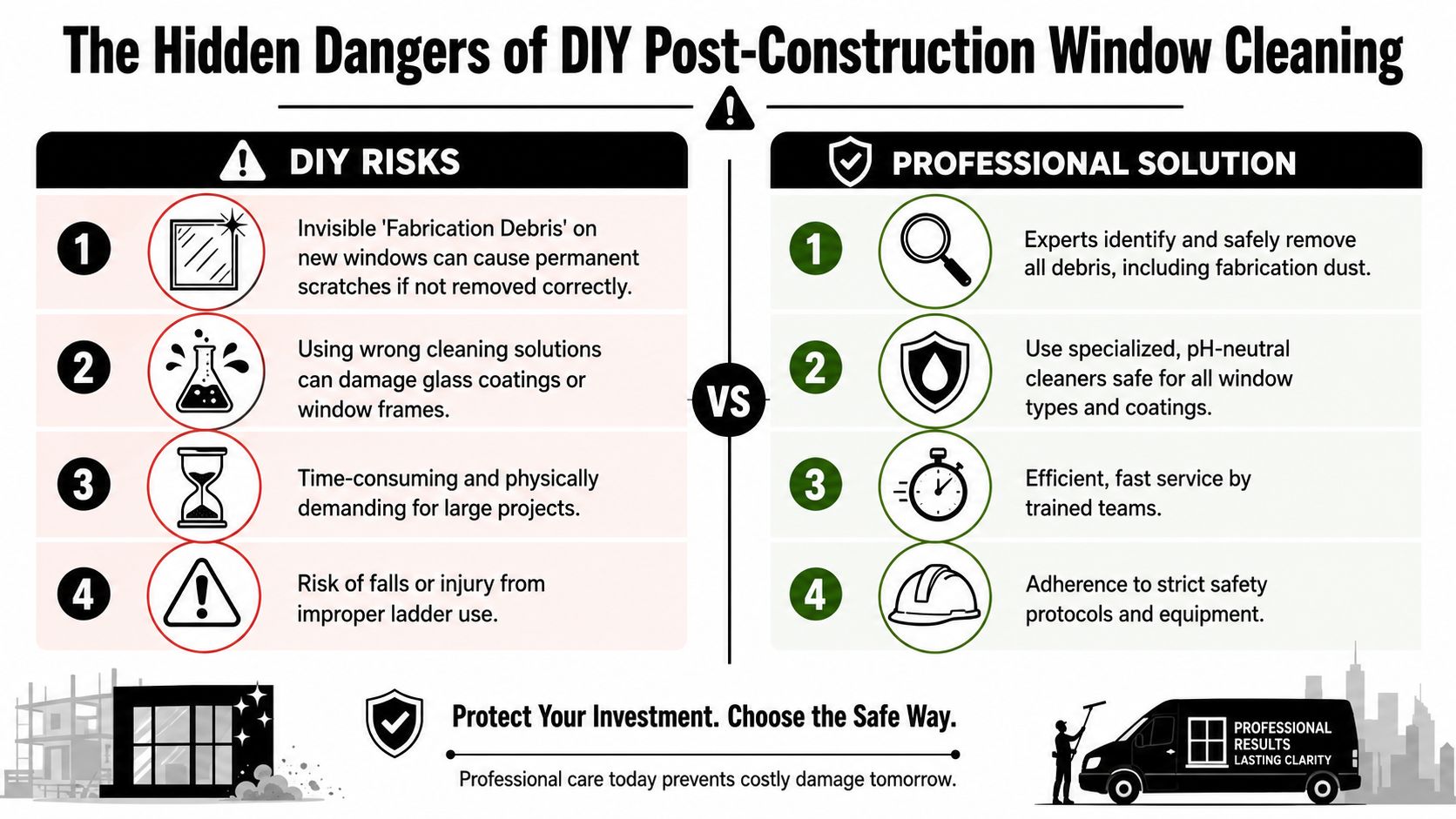 An infographic comparing the risks of DIY post-construction window cleaning versus the benefits of professional services.