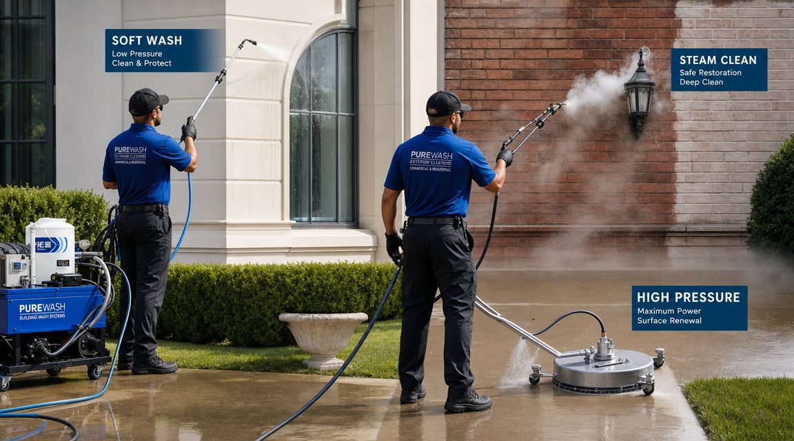 Two professional cleaners using pressure washing equipment to clean a commercial building exterior and paved walkway.
