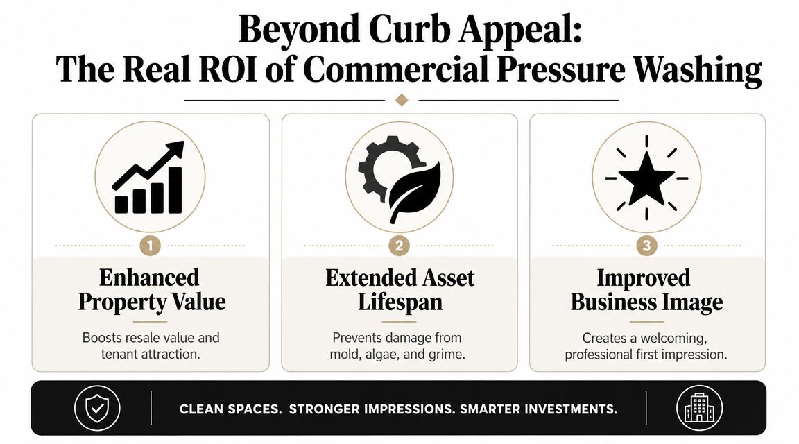 An infographic titled The Real ROI of Commercial Pressure Washing showing three benefits for business properties.