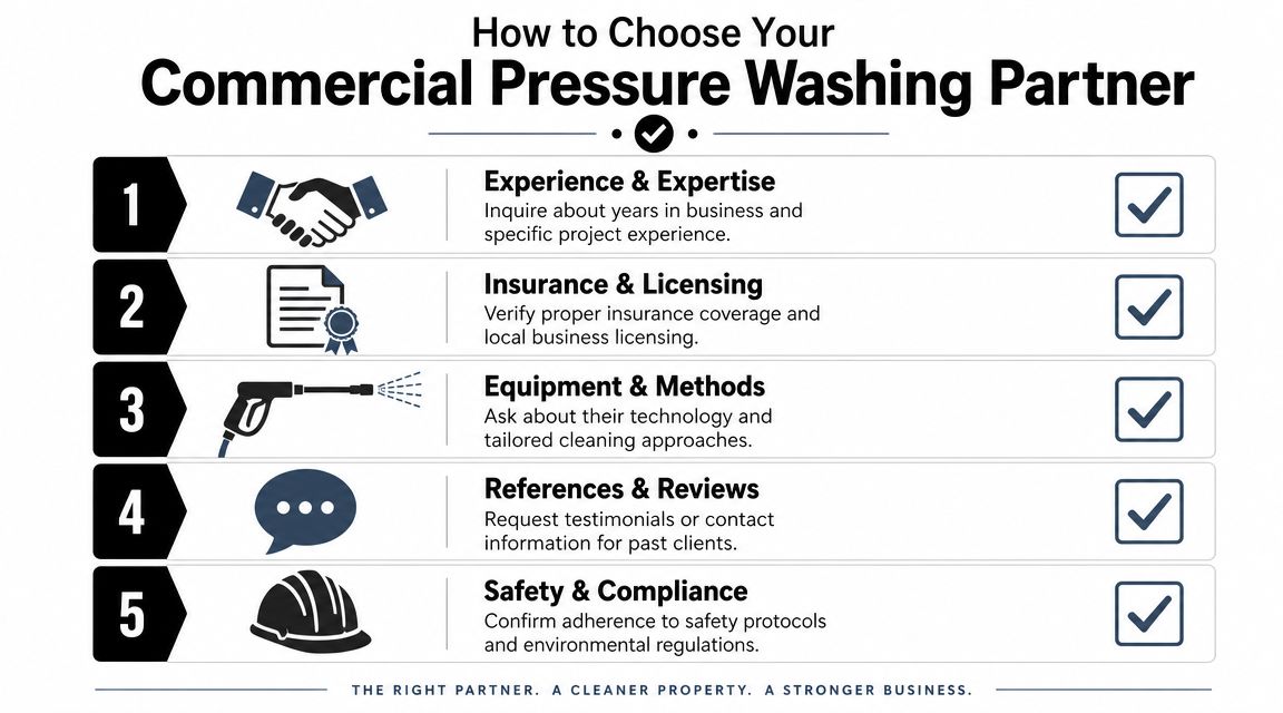 A five-step infographic guide on how to choose a professional commercial pressure washing partner for business properties.