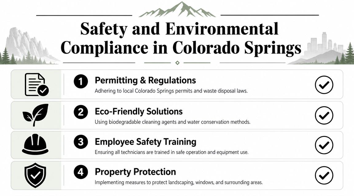An infographic titled Safety and Environmental Compliance in Colorado Springs outlining four key service standards.
