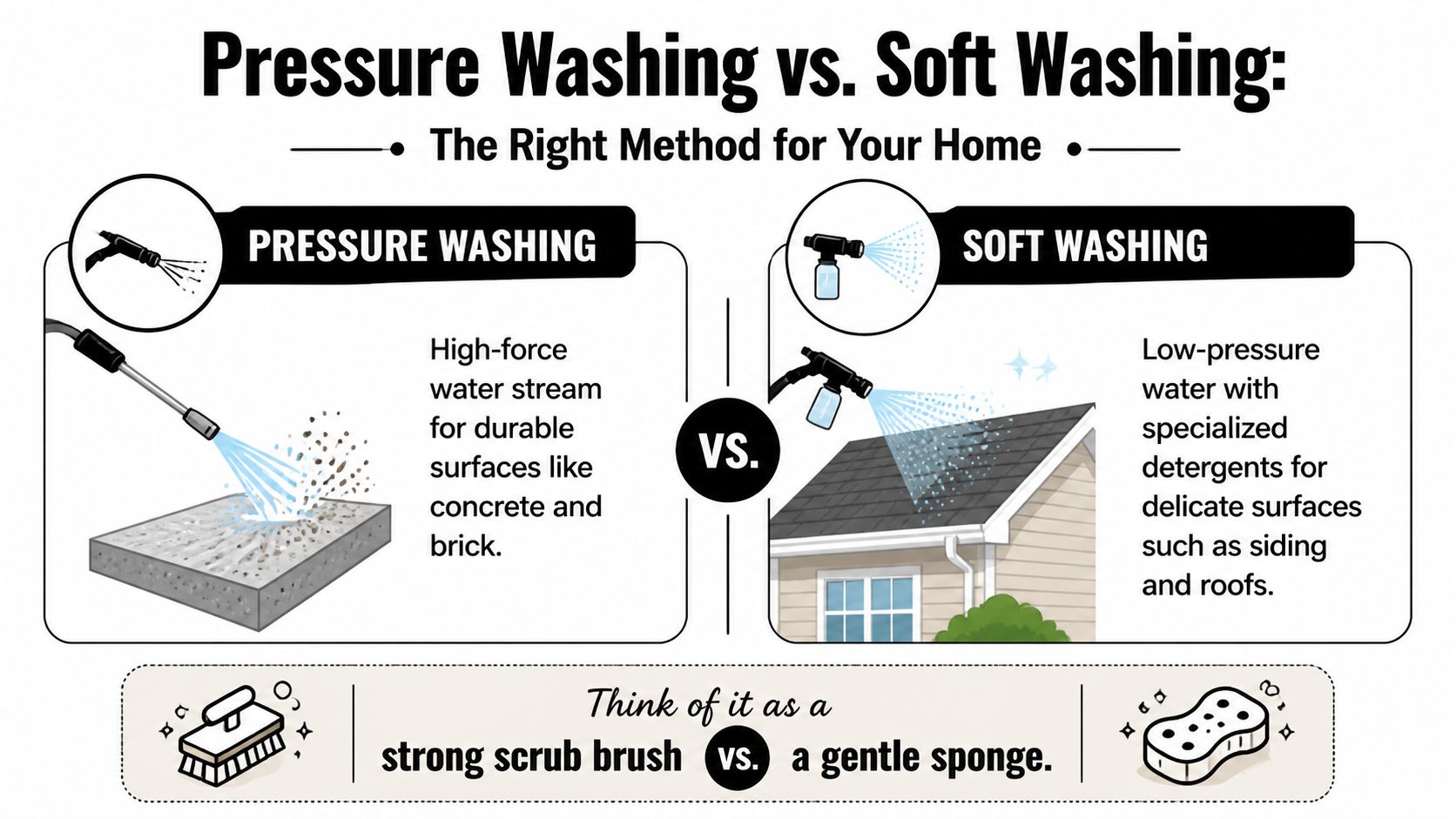 An infographic comparing the differences between pressure washing and soft washing methods for cleaning home surfaces.