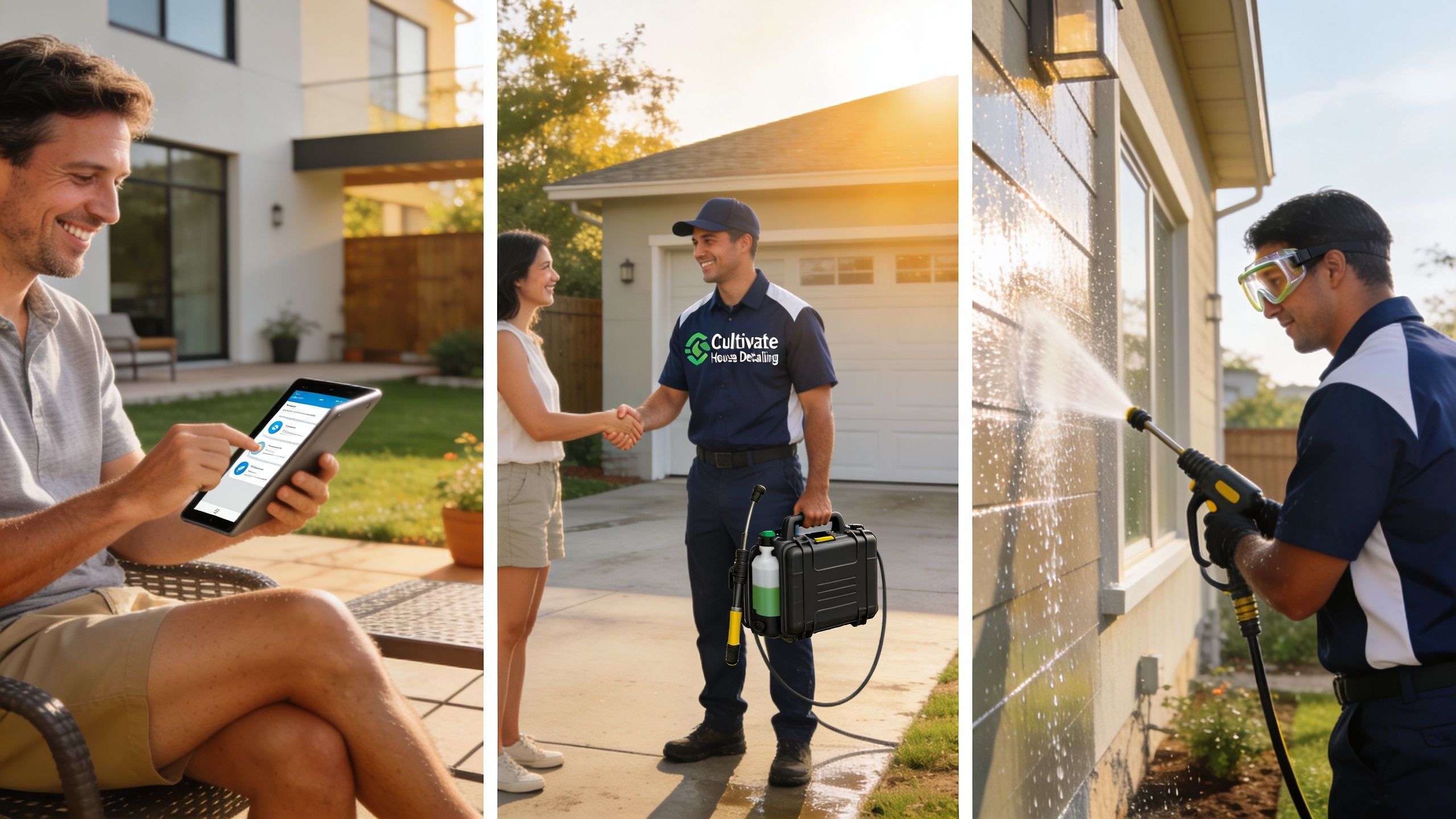A professional technician provides pressure washing services to a homeowner after an easy online scheduling process.