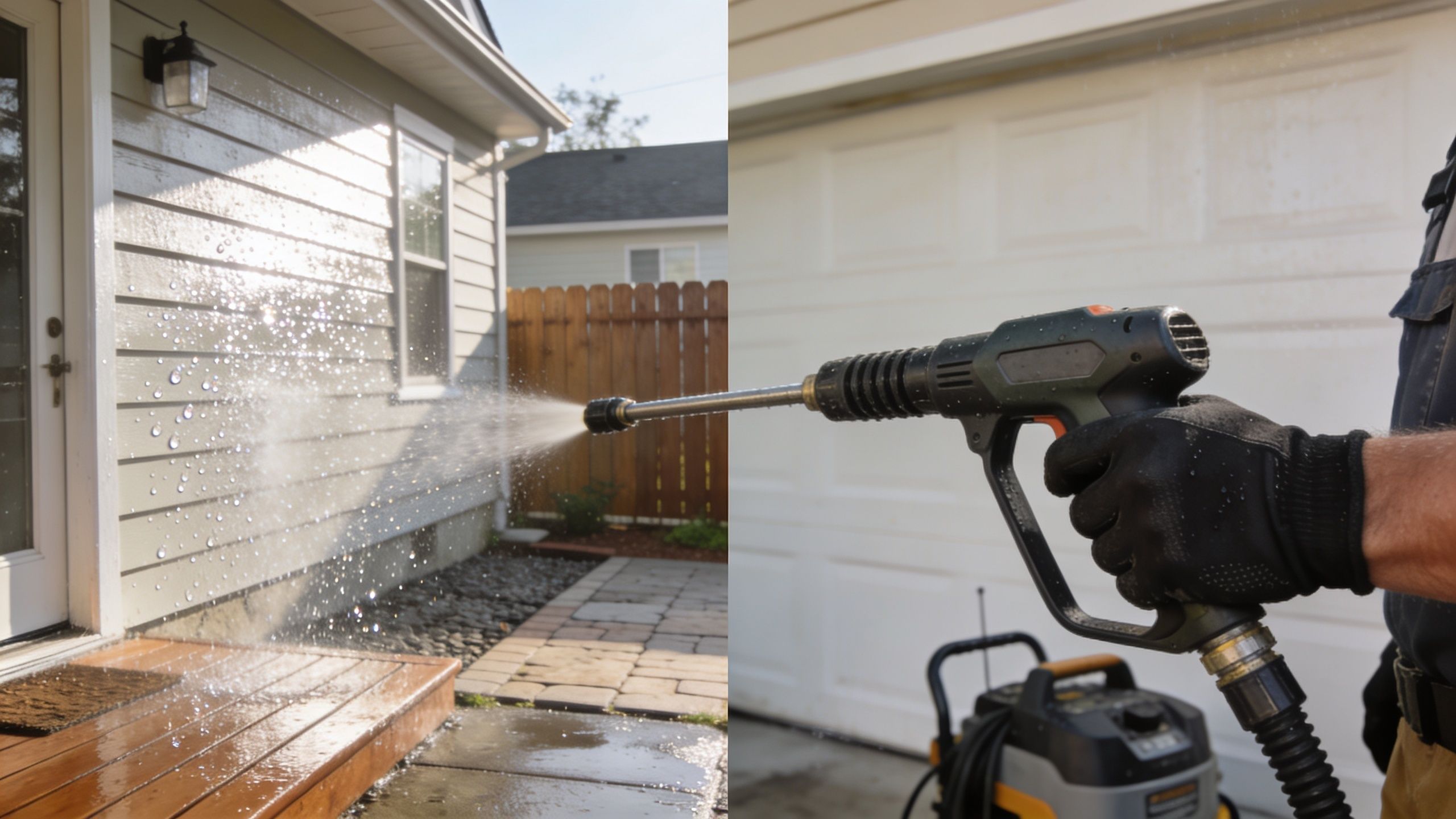 A professional using a pressure washer to clean the exterior siding of a residential home.