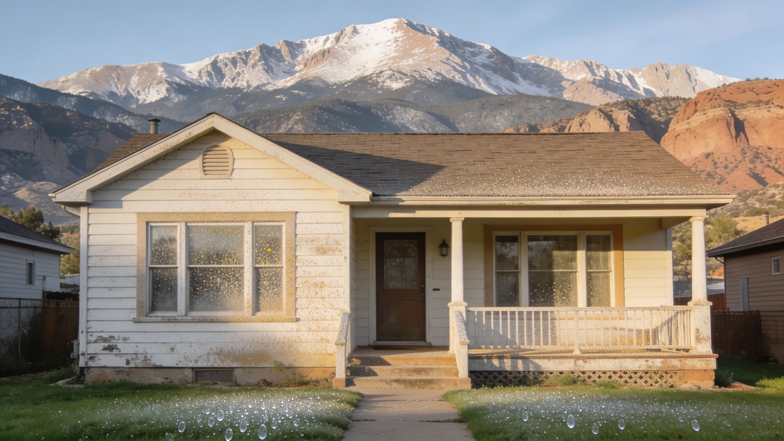 A weathered white house needs professional pressure washing services to remove stains and restore its curb appeal.