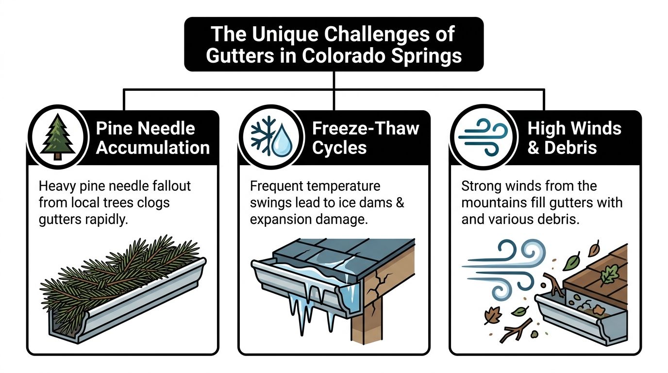 An infographic detailing common challenges for gutters in Colorado Springs including pine needles, ice, and wind.