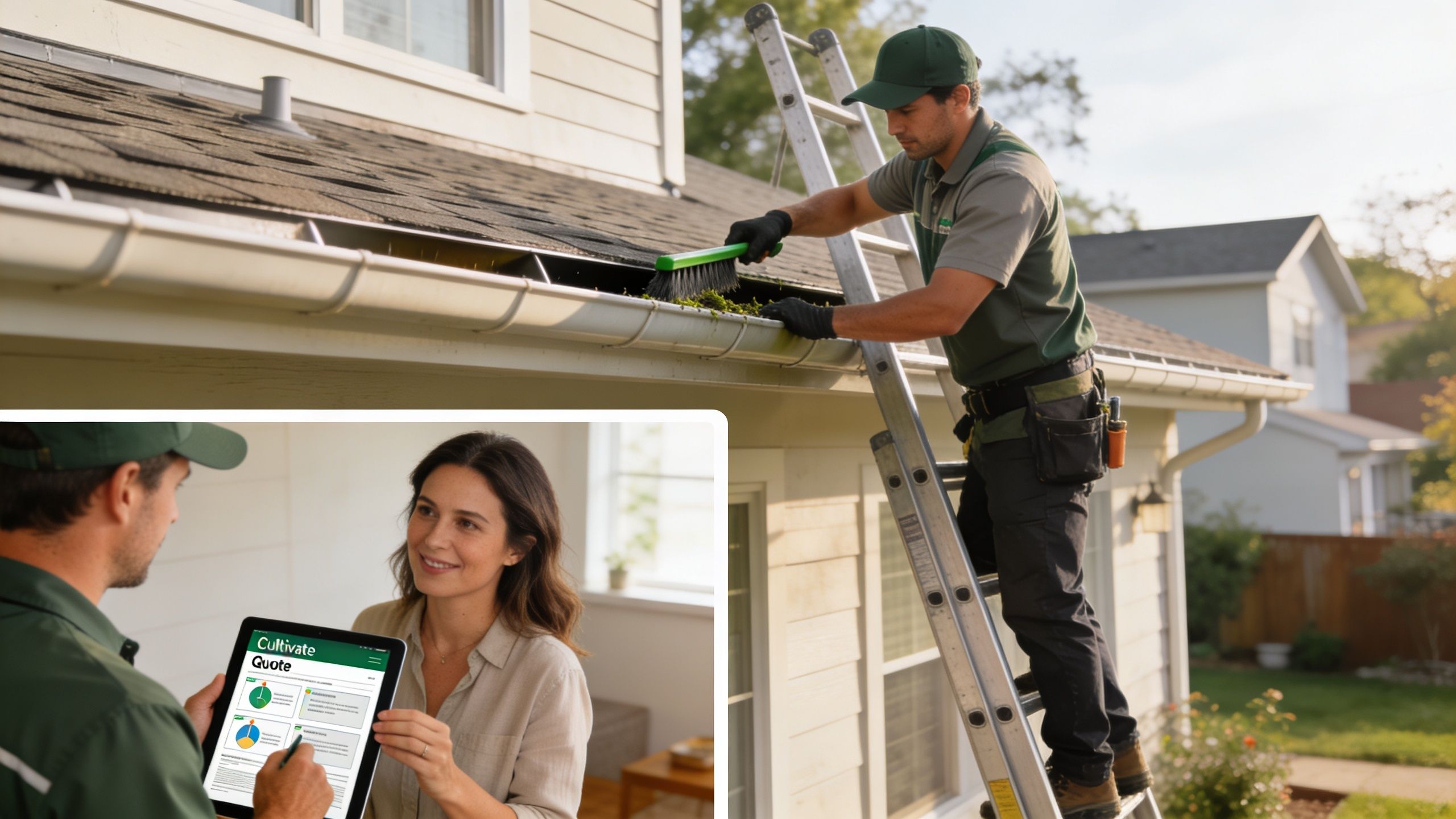 A professional technician cleans house gutters on a ladder while providing a quote to a homeowner.