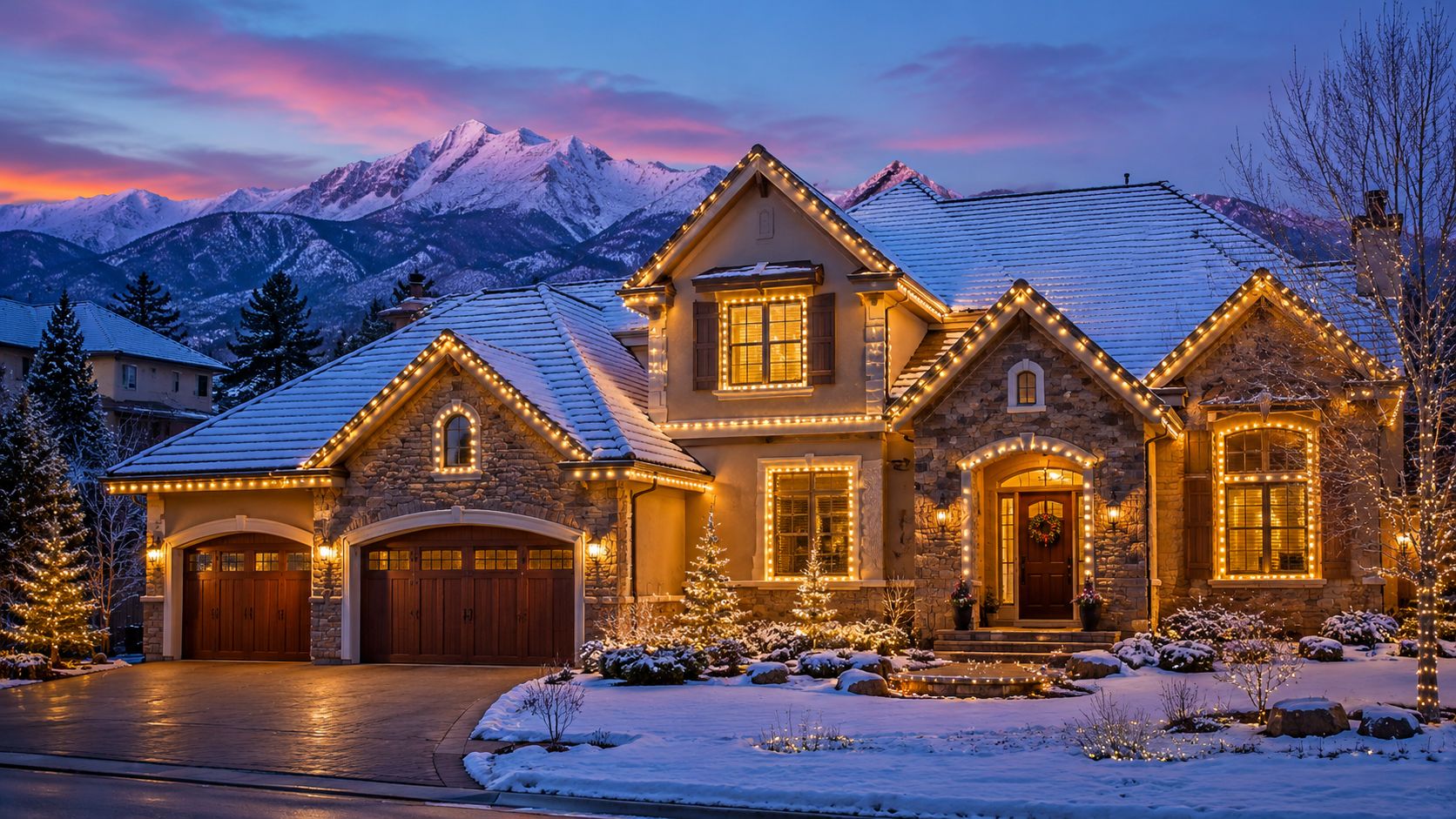 A beautiful luxury house decorated with warm Christmas lights against a snowy mountain background at dusk.