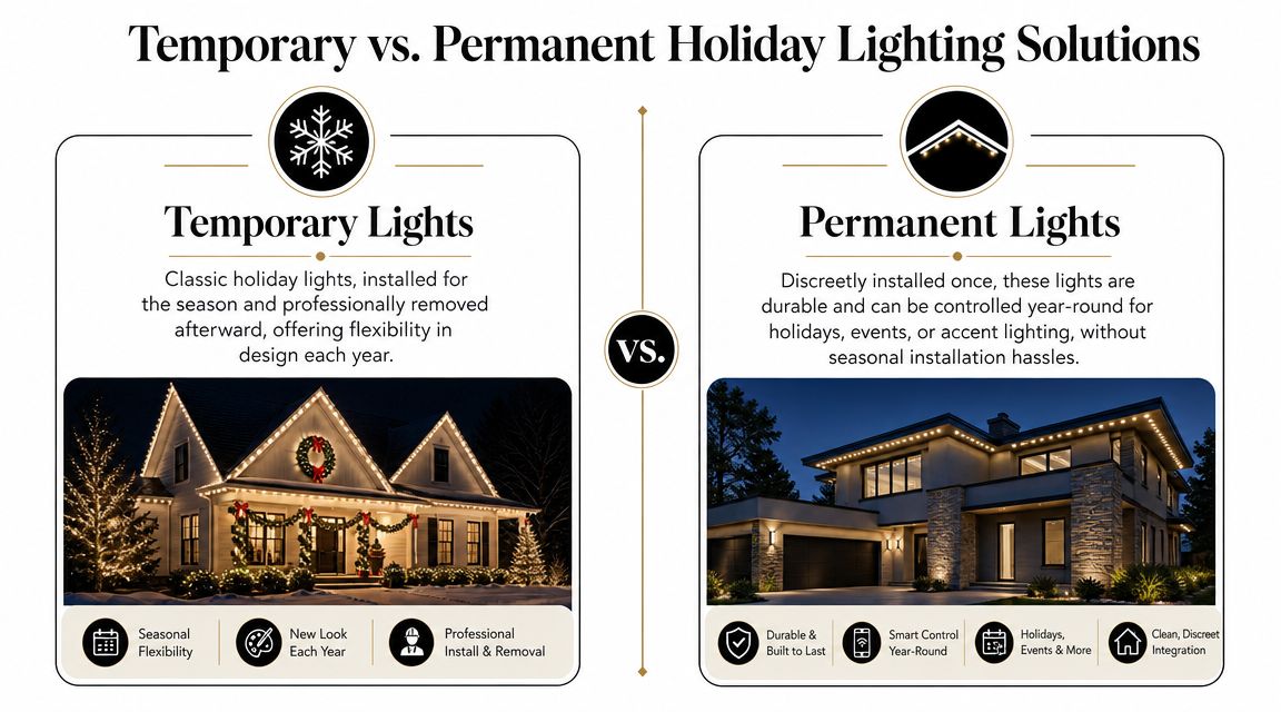 A comparison graphic between temporary and permanent residential holiday light installation solutions on two different homes.