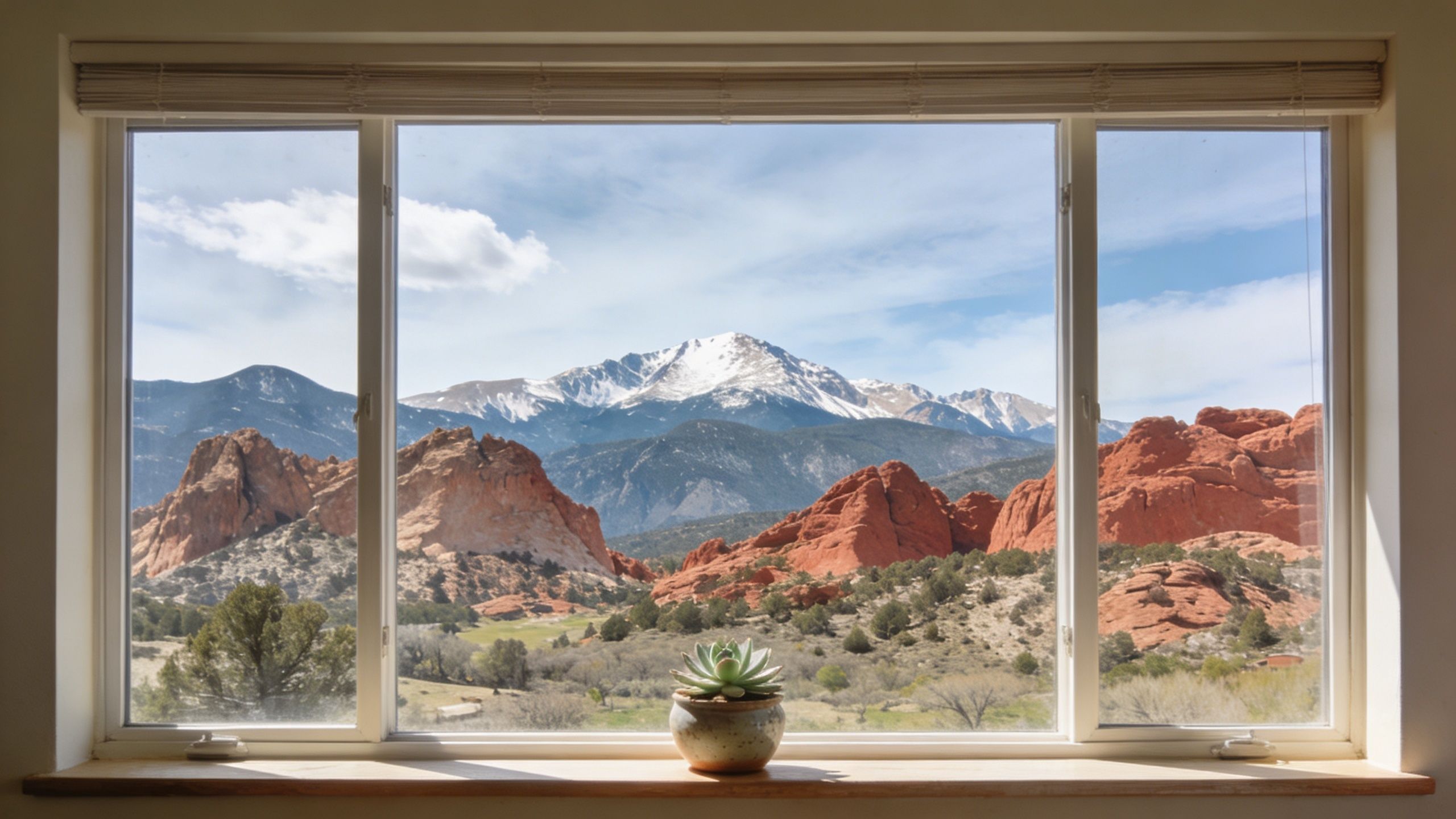 A view through a window showing snowy mountain peaks and dramatic red rock formations in nature.