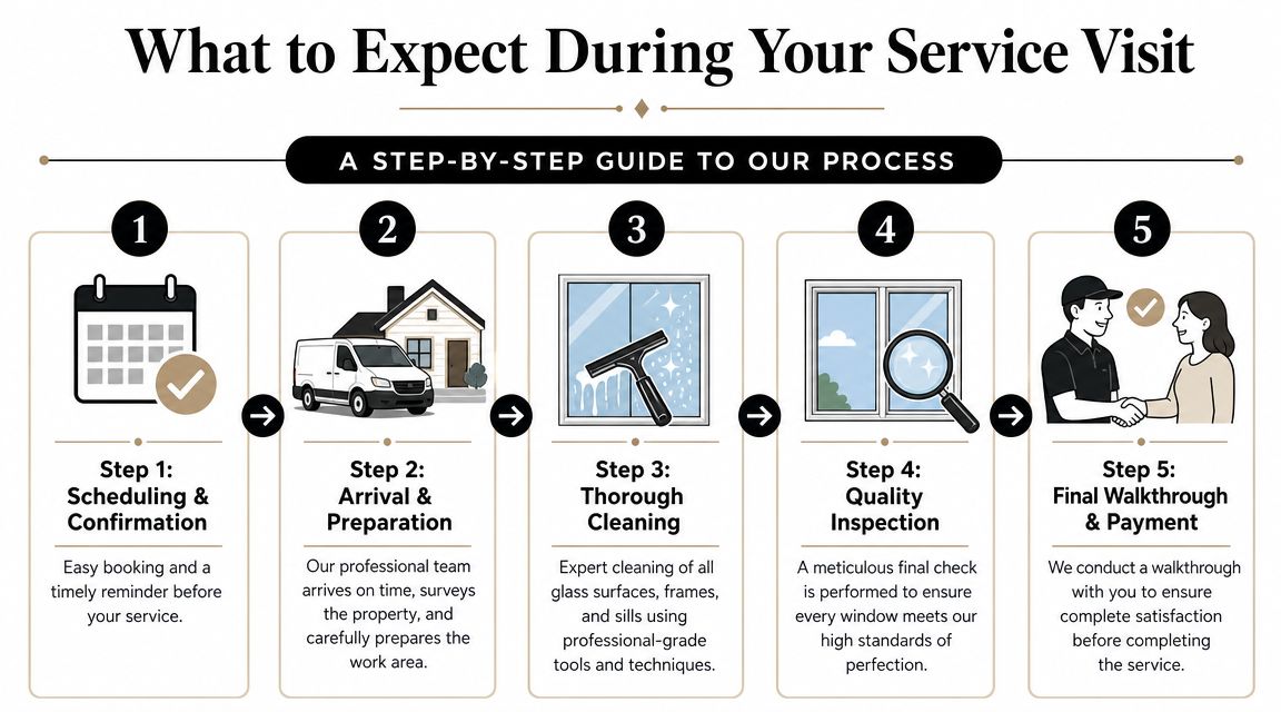 A step-by-step infographic illustrating the five-stage professional residential window cleaning service process from scheduling to final payment.