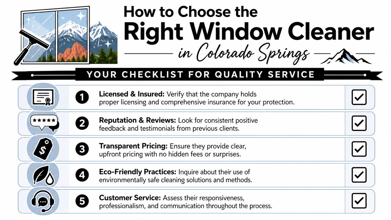 A checklist infographic outlining five essential factors for choosing professional window cleaning services in Colorado Springs.