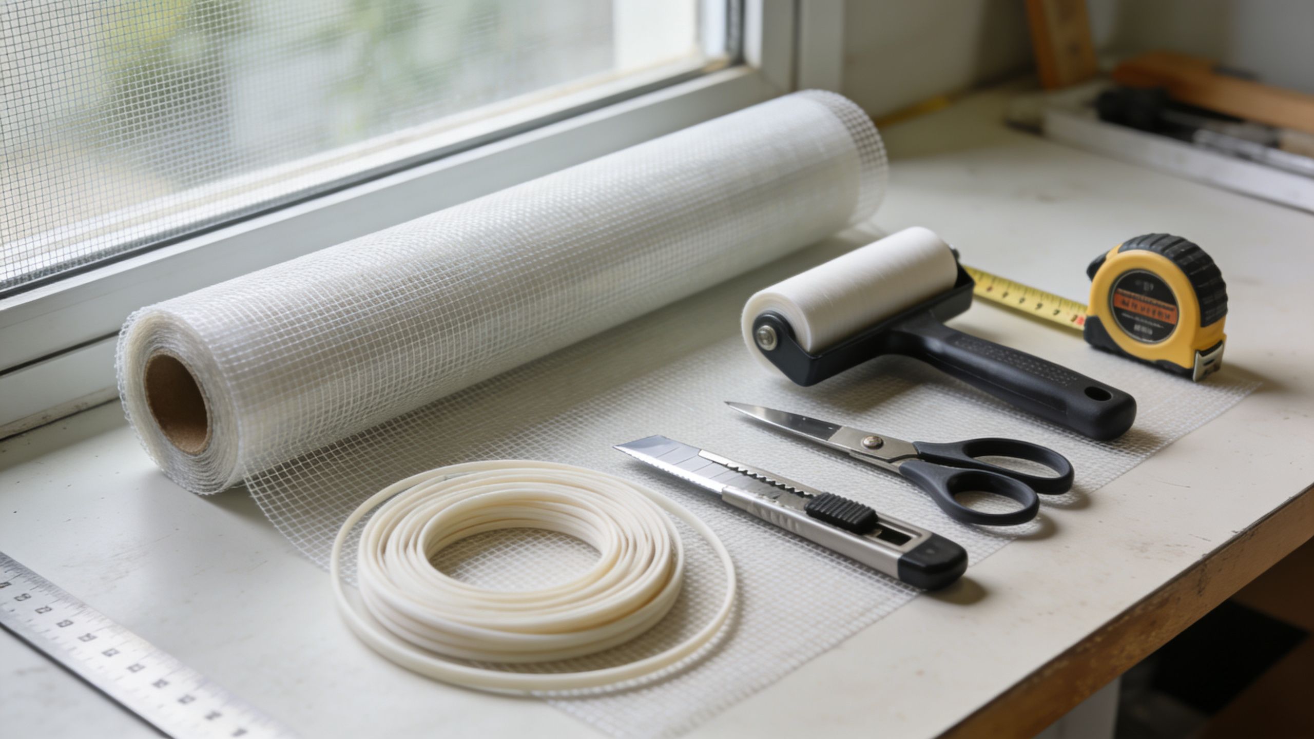 A DIY window screen repair kit including mesh roll, spline, utility knife, scissors, and a tape measure.