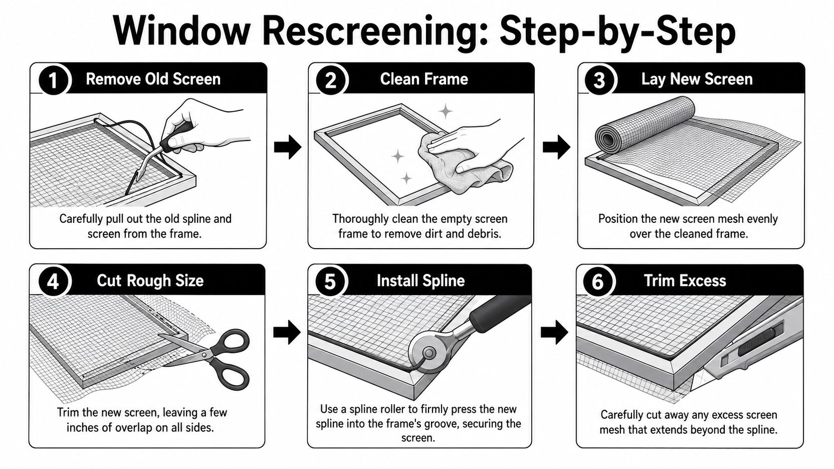 A six-step infographic demonstrating the process of DIY window rescreening, from removing the old mesh to trimming.