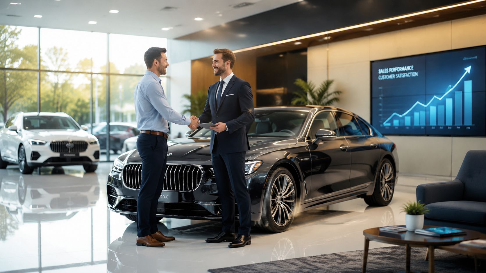 A professional car salesman shakes hands with a customer inside a modern luxury vehicle dealership.