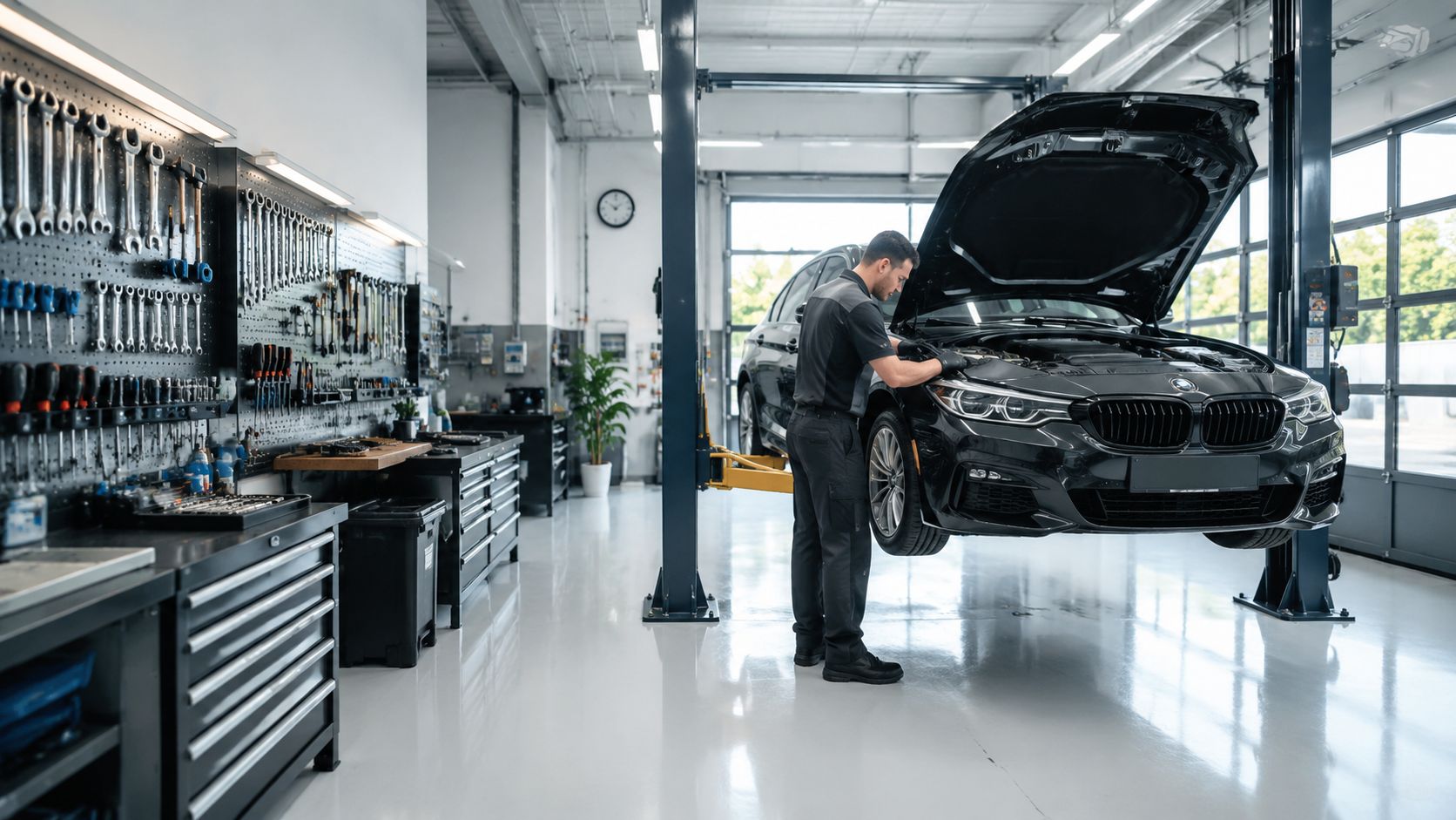 A professional mechanic in a uniform inspecting the engine of a car lifted on a garage platform.