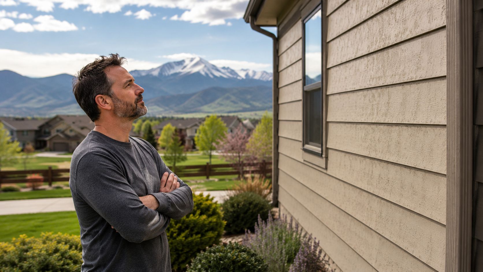 A man stands outdoors with arms crossed, examining the beige siding of his home against mountain views.