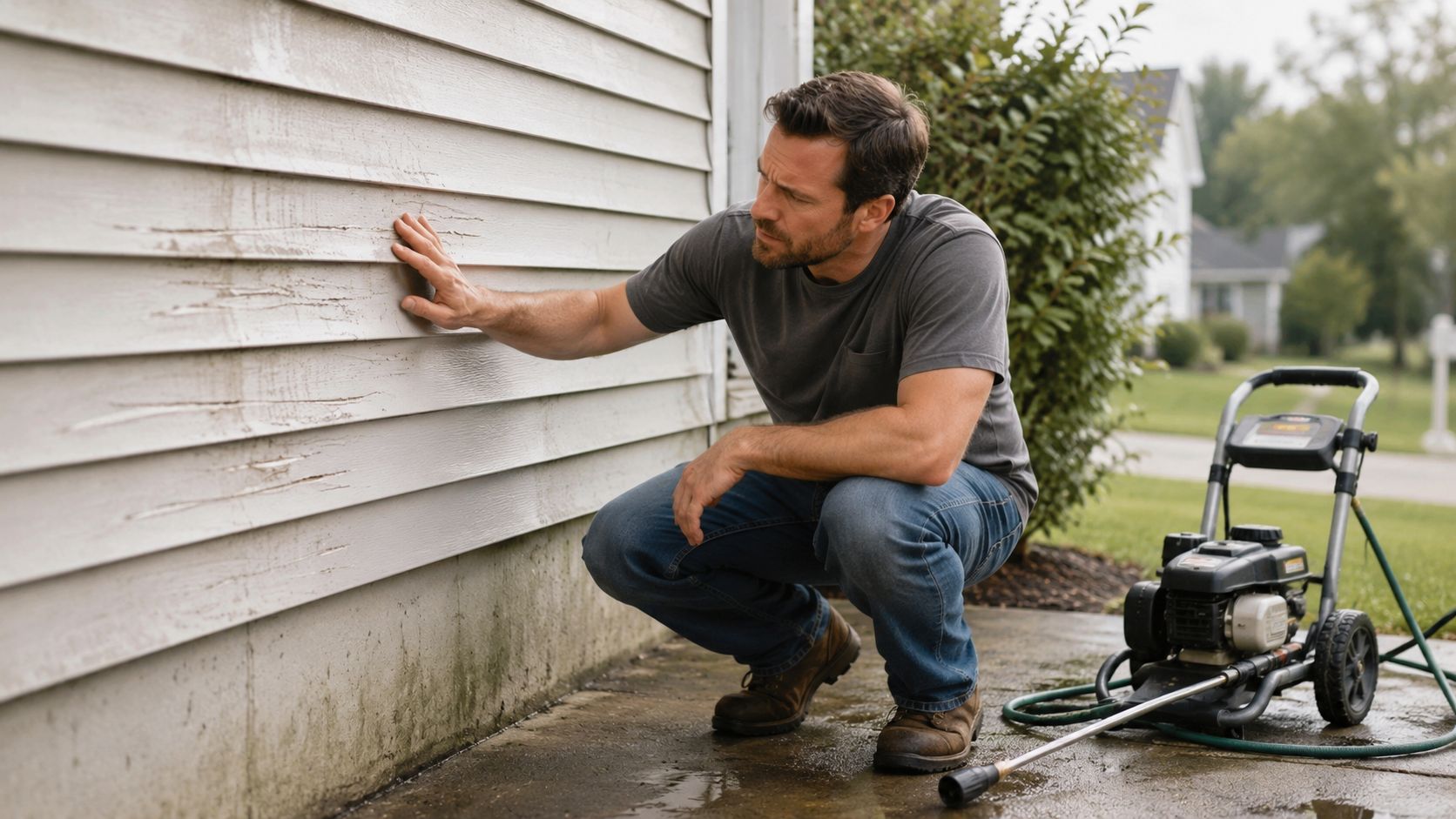 A man crouching and inspecting the damaged wooden siding of a house before pressure washing it.