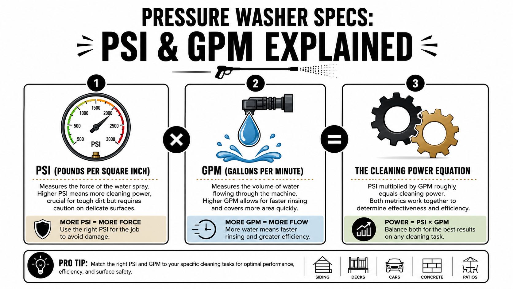 An infographic explaining how PSI and GPM determine the cleaning power and efficiency of pressure washers.