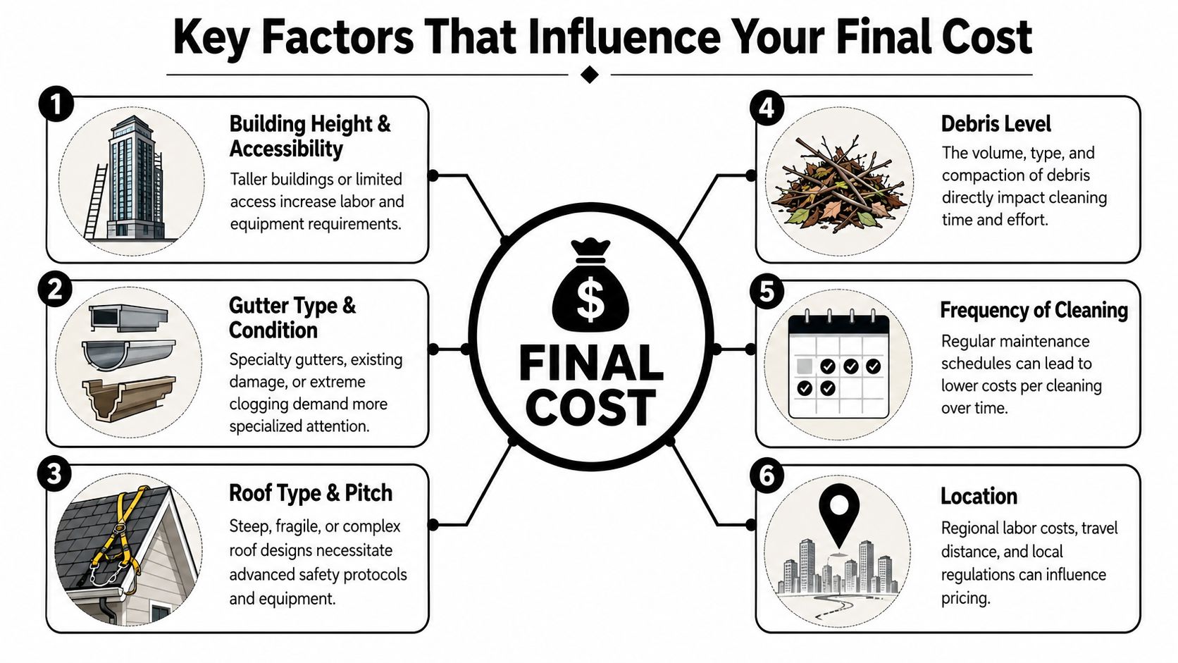 An infographic showing six key factors that influence the final cost of commercial gutter cleaning services.