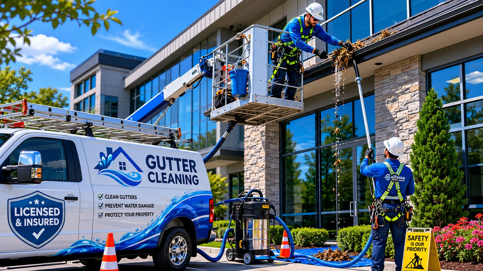 Two professionals performing commercial gutter cleaning on an office building using specialized equipment and a service van.