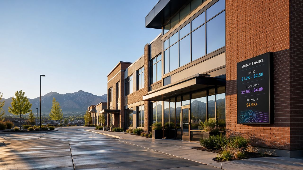 A commercial building exterior displaying a digital sign with pressure washing price estimates for service tiers.